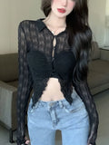 Turn-down Collar Long Sleeve Blouse Women Aesthetic Hollow Thin See Through Sexy Irregular Shirt Korean Fashion Ropa De Mujer