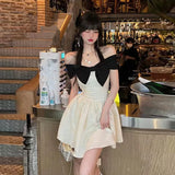 Korean Style Cute Mini White Dress Women Vintage Y2k Patchwork Short Sleeve Prom Dresses Fairycore Elegant Bow Vestidos