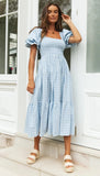 Women Spring Summer Style Dress Lady Casual Short Lantern Sleeve Square Collar Plaid Printed Dress SS3889