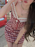 Sweet Plaid Strap Dress Women Spring New French Casual Y2K Lace Kawaii Dress Female Fairy Lace High Waist Cute Mini Dress