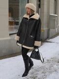 Fashion Autumn Faux Fur Coat Women Winter Long Sleeve Lapels PU Jackets Coats Loose Black Warm Jacket Outerwear Clothes