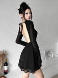 Backless Black Dress Women Elegant Back Hollow Out Lace-up Long Sleeve Mesh Sheer Sexy A-line Mini Dress Evening Party