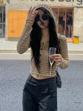 Grunge Thin Hollow Out Vintage Sexy Cardigan Coats Hooded All Match Knitted Sweaters Y2k Women Fashion Casual Crop Tops