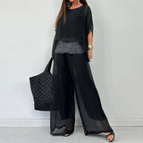 Darianrojas  -  Spring Splicing Sequin Chiffon Set Women Casual Round Neck Top Pullover & Wide Leg Pants Suit Summer Batwing Sleeve Loose Outfit