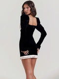 Elegant Long Sleeve Backless Sexy Mini Dress  Women Autumn Winter New Patchwork Square Collar Club Party Dress