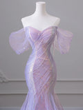 Purple Laser Sequin Beaded Mermaid Women Evening Dress with Puff Sleeves Tassel Pearls Tulle Train Prom Gown