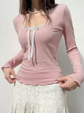 Japanese Kawaii Sweet Pink Knitted Ribbed Tee Contrast Lace Tie Bow Square Collar Long Sleeve Basic Spring Autumn T Shirt Women