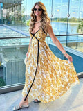 Darianrojas  - holiday outfits Elegant Printed Long Party Dress Sexy V-neck Slim Sleeveless Female Maxi Evening Dresses Fashion Panelled Pleated Lady Robe