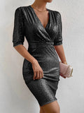 Sequin Solid Short Sleeves Mini Dresses For Women Clothing V Neck Sexy Nightclub Party Dresses Ruched Bodycon Vestidos