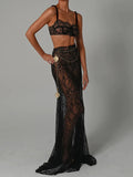 See Through Lace Two Piece Skirt Sets Women Crop Top And Maxi Skirt Sets Elegant Party Beach Sexy Two Piece Set