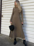 Women Knitted Long Dress Casual Solid Color O-neck Ribbed Long Sleeve Pleated Dresses Elegant Lace Up Bodycon Maxi Dress Robe