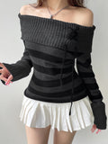 Off Shoulder Slim Knitted Stripe Jumper Women Lace-Up Slash Neck Long Sleeve Sweater Tee Korean Fashion Street Knittwear