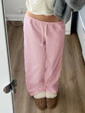 Pink Solid Loose Casual Woven Straight Leg Pants Women Drawstring Low Waist Y2K Baggy Jogging Trousers