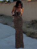 Women New Y2K Elegant Leopard Printed Maxi Dresses Backless Skinny Spaghetti Strap Lace-up Slim Vintage Robe Dress
