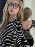 Autumn Striped Backless Slim Casual T-shirt Women Sexy Y2k Aesthetic Vintage Tshirts All Match Streetwear Long Sleeve Tee Shirts