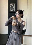 Off Shoulder Crop T-shirt Women Y2k Fashion Hollow Out Long Sleeve TShirts Autumn Korean Streetwear Sexy  Slim-fit Tops