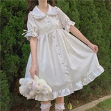 Darianrojas  - holiday outfits Japanese Sweet Girl Lolita Dress White Summer Kawaii Peter Pan Collar Cute Ruffle Puff Sleeve Drees Elegant Lady Dresses