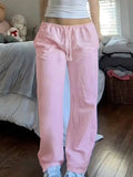 Pink Solid Loose Casual Woven Straight Leg Pants Women Drawstring Low Waist Y2K Baggy Jogging Trousers