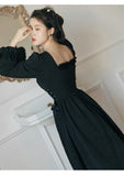 Long Fairy Dress French Style Spring Autumn Women Square Collar White Black Bandage Dress Classical Feminine Chic Dress