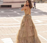 Gorgeous Champagne Sparkly Evening Prom Dress Sexy A-Line Tulle V-Neck Backless Tiered Party Gown Saudi Arabia Women