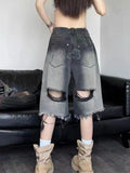 S-4XL Denim Shorts for Women Gradient Distressed Hollow Out Design Summer Daily Korean Style Fashion Basic