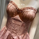 Women Sleeveless Off Shoulder Sweet Mini Dress Corset Boning Lace Jacquard Slim Fit Pink Sexy Strapless Summer Dress