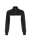 Zip Up Stand Collar Long Sleeve Black Cropped Jackets Women Pocket Safari Style Streetwear