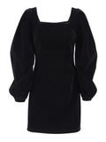 Evening Puff Sleeve Women's Velvet Dress Winter Black Sexy Bodycon Dress Square Collar Formal Dresses Elegant