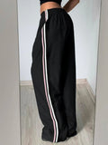 Side Stripe Patchwork Elastic High Waist Track Pants Women Street Style Black Casual Loose Hippie Straight Leg Baggy Trousers