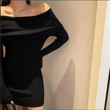 New Fashion Long Sleeve Red Knit Dress Off Shoulder Sexy Slash Neck Slim Pencil Mini Dress Fit Hip Bottoming Sweater Dress