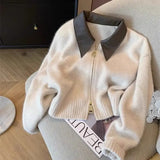 Darianrojas  -  Spliced Leather Collar Knit Sweater Fashion Double Zipper Cardigan Women's Autumn/Winter New Soft Vintage Long Sleeve Streetwear