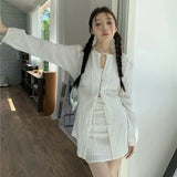 Fashion Suit Women Long Sleeve Lacing Up Sun Protection Shirt Summer High Waist Pleated Half Body Short Skirt Two Pieces Clothes