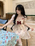 Sweet bow Dress Women V Neck Kawaii Lace Trim Mini Dress New French  Floral A-line Princess Dress Elegant Party Dresses