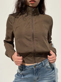 Brown Zip Up Stand Collar Pockets Long Sleeve Cargo Jackets Women Vintage Casual Streetwear