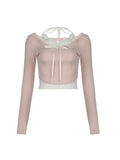 Sweet Y2K Lace Contrast Patchwork Slim Long Sleeve Pink T Shirt Women 2000s Cute Kawaii Clothes