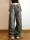 Print Camouflage Cargo Jeans Women Pockets Mid Waist Vintage Preppy Hippie Straight Denim Pants