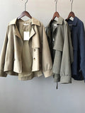 Japanese Turn down Collar Full Regular Sleeve Khaki Trench Loose Straight Short Khaki Office Lady Fabric Belt Coat