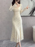 Elegant Chic Bodycon Lace Patchwork Mesh Midi Dresses for Women Autumn Winter New Vintage Slim Casual Party Female Clothing Robe