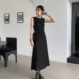 Hollow Out Dress Women Elegant Solid Sleeveless A Line Midi Dresses Summer Korean Drawstring Backless Sundress Vestidos