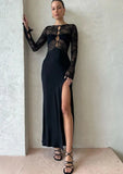 Patchwork Sexy See Through Lace Women Maxi Dress Hollow Out High Slit Evening Dress Female Skinny Elegant Party Clubwear