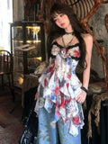 Vintage Lace Patchwork Print Tanks Summer Grunge Sexy Y2k Aesthetic 3D Flower Tops Streetwear Irregular Ruffled Women Camisole