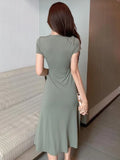 Midi Dresses Women Mature Side-slit Chic Soft Bandage French Style V-neck Summer Temper Aesthetic Fashion Streetwear Vestidos