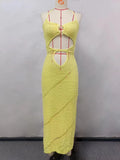 Yellow Knitted Beach Dress Women Fashion Halter Hollow Out Slim Long Dresses Summer Sexy Backless Holiday Party Outfits