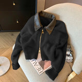 Darianrojas  -  Spliced Leather Collar Knit Sweater Fashion Double Zipper Cardigan Women's Autumn/Winter New Soft Vintage Long Sleeve Streetwear