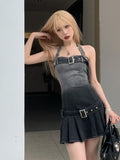 Denim Mini Dress Women Summer Sexy Sweet Pleated Short Mini Dress with Belt Above Knee Slim A-LINE Halter Top Party Dress