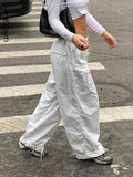 Casual Baggy Wide Leg Sweatpants White Loose Drawstring Low Waist Streetwear Cargo Pants Womens Hippie Joggers Trousers