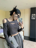 Off Shoulder Crop T-shirt Women Y2k Fashion Hollow Out Long Sleeve TShirts Autumn Korean Streetwear Sexy  Slim-fit Tops