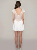 Sexy Elegant Lace Splice See Through Folds Dress For Women V Neck Short Sleeve Mini White Bodycon Dresses Party Putfits