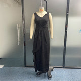 Women Maxi Dress Trendy Solid V Neck Sleeveless Ruffled Irregular Design Slit Slim Party Evening Dresses Streetwear