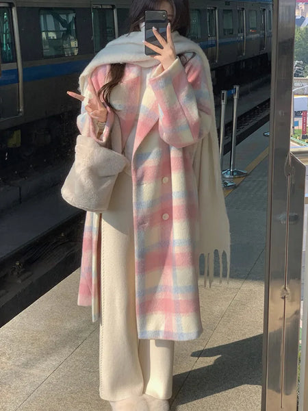 Winter Rainbow Woollen Coats Women Casual Warm Loose Plaid Long Coats ...